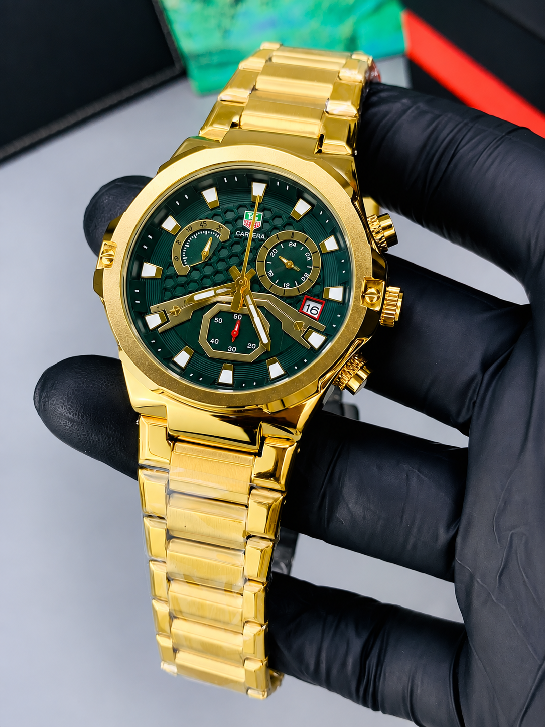 Luxury Gold & Green dial Chronograph Men's Watch | Premium Stainless Steel Wrist Watch with Date & Time Display