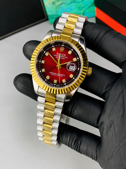 Luxury Two Tone Zig Zig Red Dial Men's Watch | Premium Stainless Steel Wrist Watch with Date & Time Display
