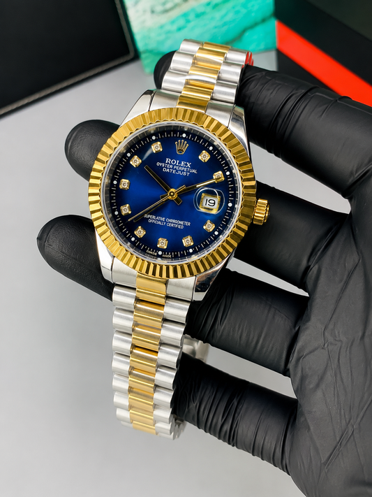 Luxury Two Tone Zig Zig Blue Dial Men's Watch | Premium Stainless Steel Wrist Watch with Date & Time Display