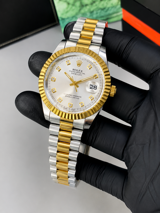 Luxury Two Tone Zig Zig White  Dial Men's Watch | Premium Stainless Steel Wrist Watch with Date & Time Display
