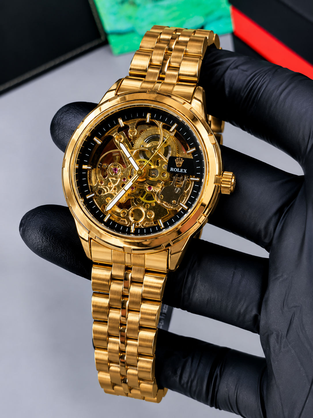 Luxury Automatic Skeleton Mechanical Watch for Men – Gold & Black Dial Stainless Steel