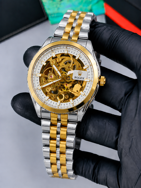 Luxury Automatic Skeleton Mechanical Watch for Men – Gold & White Dial  Stainless Steel