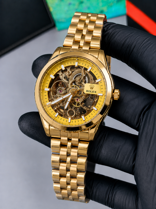 Luxury Automatic Skeleton Mechanical Watch for Men – Gold & Gold Dial Stainless Steel