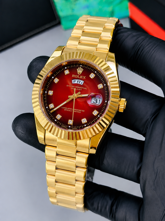 Luxury Gold Chain Red Dia Day & Date Function Men's Watch | Premium Stainless Steel Wrist Watch with Date & Time Display