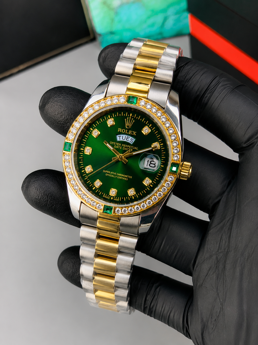 Luxury Two Tone Green  Dial Men's Watch | Premium Stainless Steel Wrist Watch with Date & Time Display