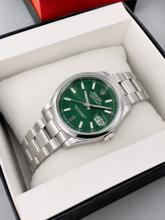 Luxury White Chain Green Dial Men's Watch | Premium Stainless Steel Wrist Watch with Date & Time Display