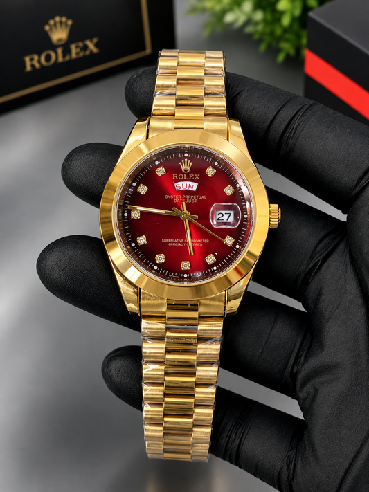 Luxury Golde Chain Red Dial Men's smoth  Watch | Premium Stainless Steel Wrist Watch with Date & Time Display