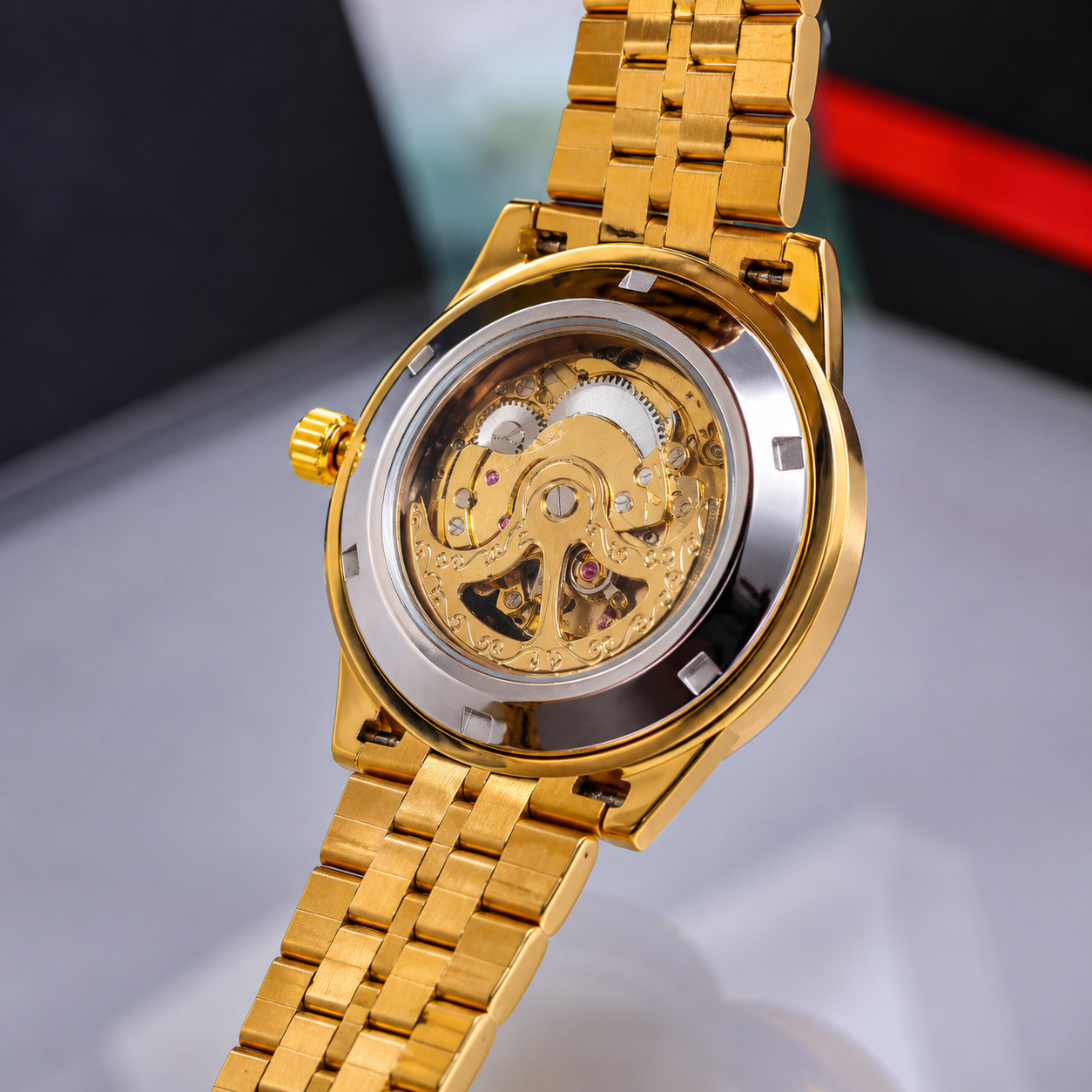 Luxury Automatic Skeleton Mechanical Watch for Men – Gold & Black Dial Stainless Steel