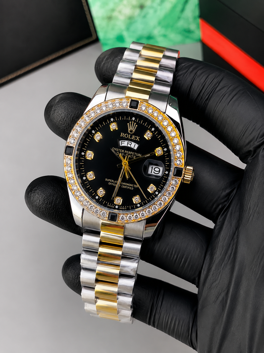 Luxury Two Tone Black  Dial Men's Watch | Premium Stainless Steel Wrist Watch with Date & Time Display