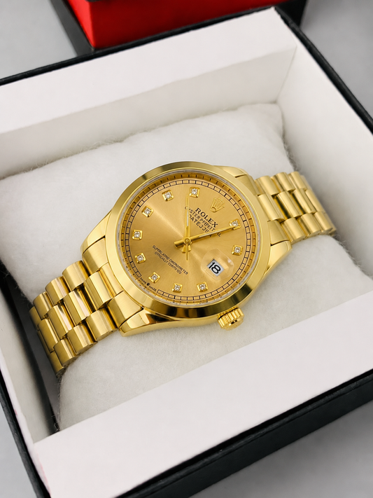 Luxury Gold Chain Gold Dial Men's Watch | Premium Stainless Steel Wrist Watch with Date & Time Display