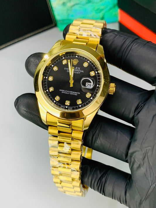 Luxury Gold Chain Black Dial Men's Watch | Premium Stainless Steel Wrist Watch with Date & Time Display