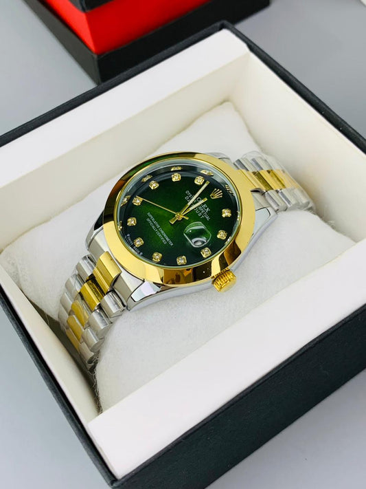 Luxury Gold & Dark Green dial Men's Watch | Premium Stainless Steel Wrist Watch with Date & Time Display