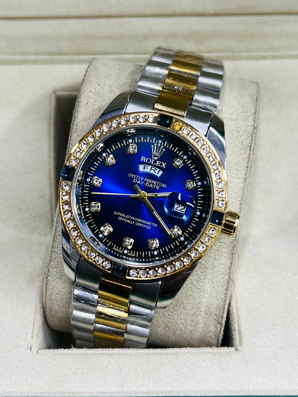 Luxury Gold & Blue dial Diamond Men's Watch | Premium Stainless Steel Wrist Watch with Date & Time Display