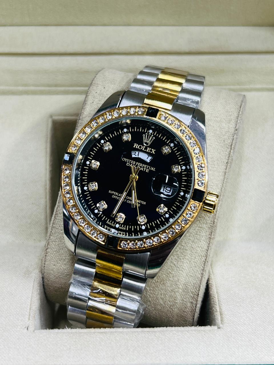 Luxury Gold & Black dial Diamond Men's Watch | Premium Stainless Steel Wrist Watch with Date & Time Display
