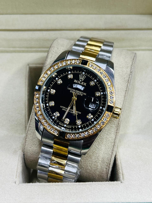 Luxury Gold & Black dial Diamond Men's Watch | Premium Stainless Steel Wrist Watch with Date & Time Display