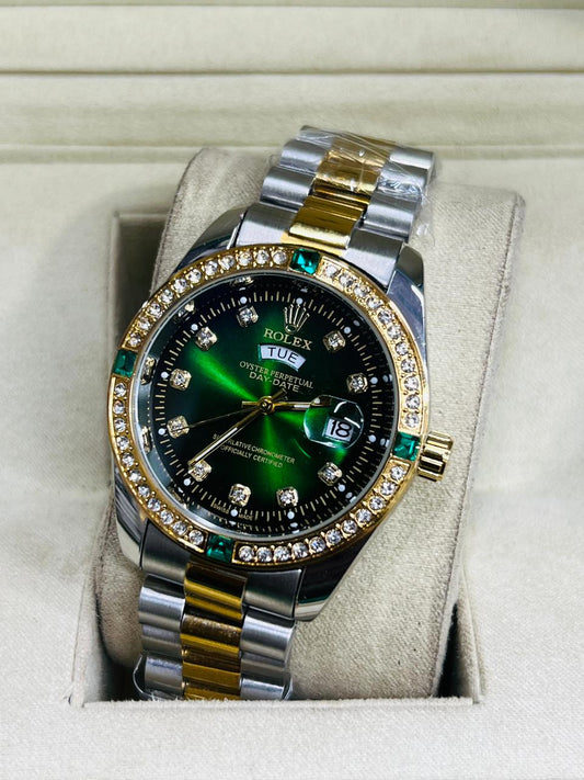 Luxury Gold &  Green dial Diamond Men's Watch | Premium Stainless Steel Wrist Watch with Date & Time Display