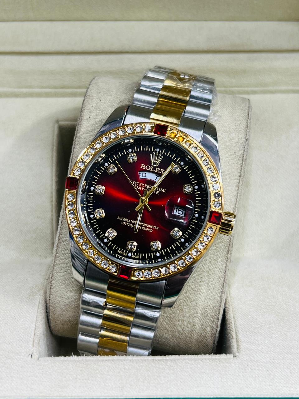 Luxury Gold & Red dial Diamond Men's Watch | Premium Stainless Steel Wrist Watch with Date & Time Display