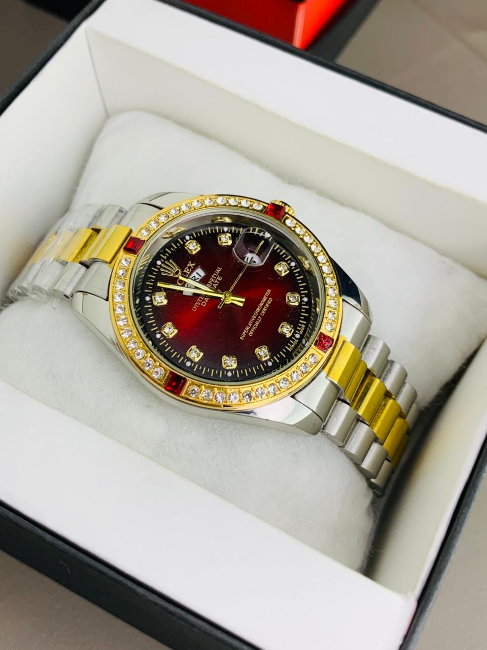 Luxury Gold & Red dial Diamond Men's Watch | Premium Stainless Steel Wrist Watch with Date & Time Display