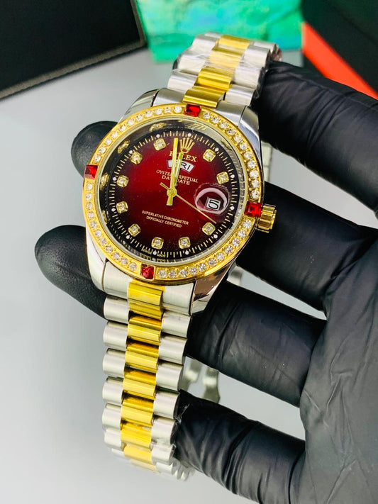 Luxury Two Tone  Red Dial  Men's Watch | Premium Stainless Steel Wrist Watch with Date & Time Display
