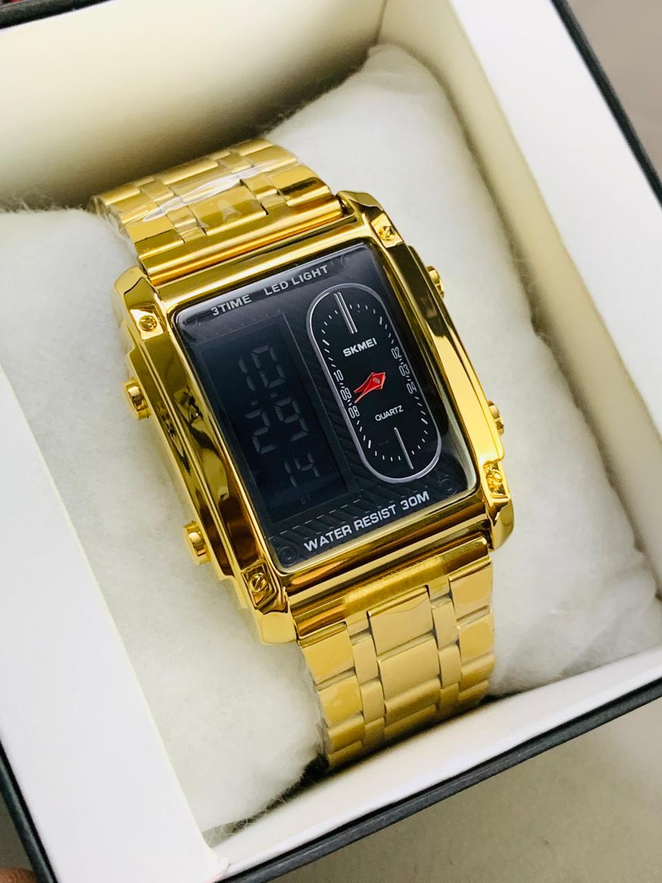 SKMEI Original Gold Chain & Black dial  Men's Watch | Premium Stainless Steel Wrist Watch with Date & Time Display