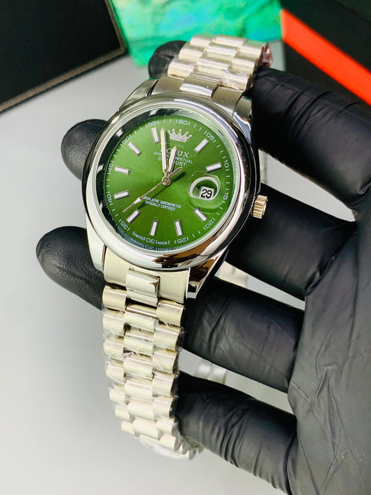 Luxury Silver Chain Green  Smooth dial Men's Watch | Premium Stainless Steel Wrist Watch with Date & Time Display