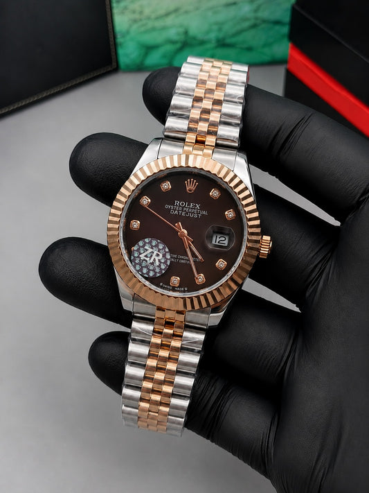 Luxury Two Tone Semi Automatic Watch Brown Dial Men's Watch | Premium Stainless Steel Wrist Watch with Date & Time Display