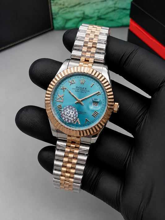 Luxury Two Tone Semi Automatic Watch Turquoise Blue  Dial Men's Watch | Premium Stainless Steel Wrist Watch with Date & Time Display