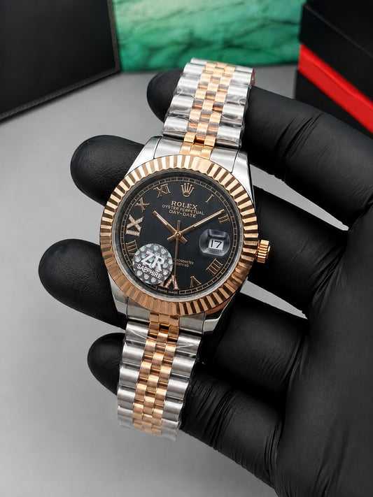 Luxury Two Tone Semi Automatic Watch Black Dial Men's Watch | Premium Stainless Steel Wrist Watch with Date & Time Display