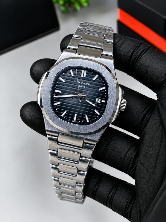 Luxury Silver & Black Dial Semi Automatic Watch | Premium Stainless Steel Wrist Watch with Date & Time Display