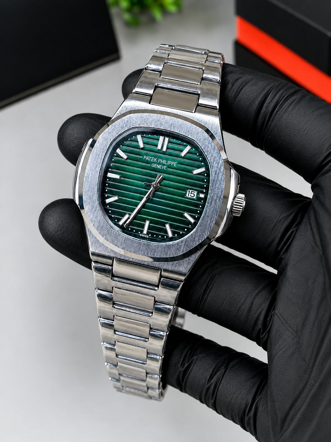 Luxury Silver & Green Dial Semi Automatic Watch | Premium Stainless Steel Wrist Watch with Date & Time Display