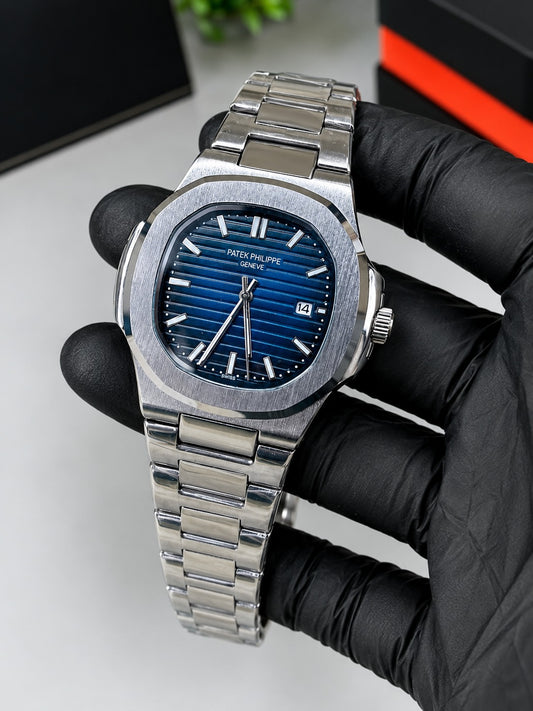 Luxury Silver & Blue Dial Semi Automatic Watch | Premium Stainless Steel Wrist Watch with Date & Time Display