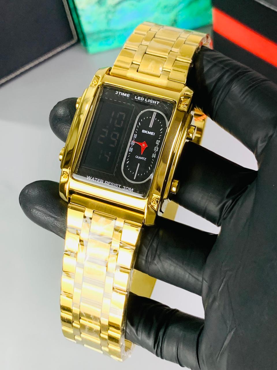 SKMEI Original Gold Chain & Black dial  Men's Watch | Premium Stainless Steel Wrist Watch with Date & Time Display